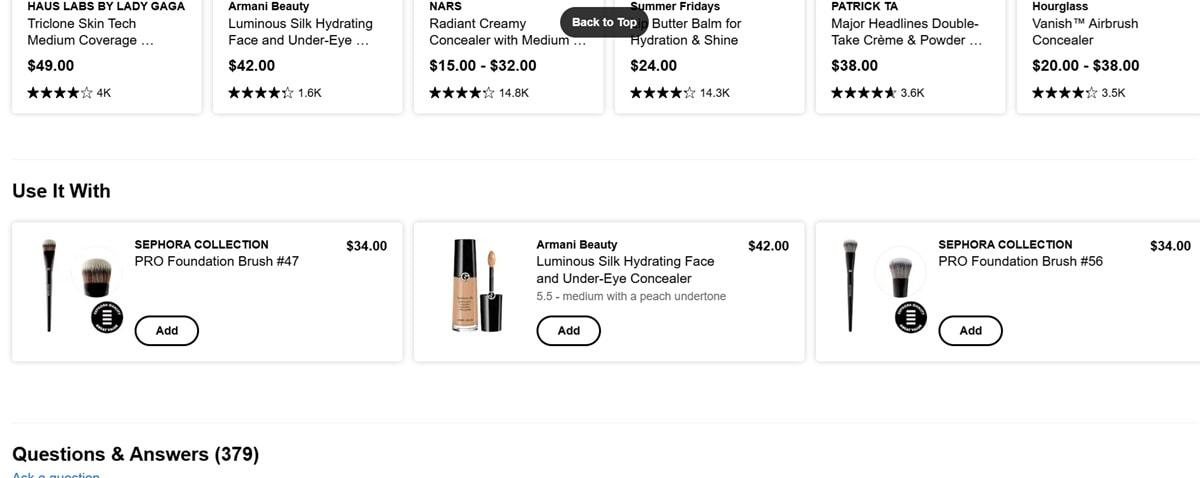 Sephora product page showing cross-selling recommendations with foundation brush and complementary makeup products, demonstrating effective product bundling strategy
